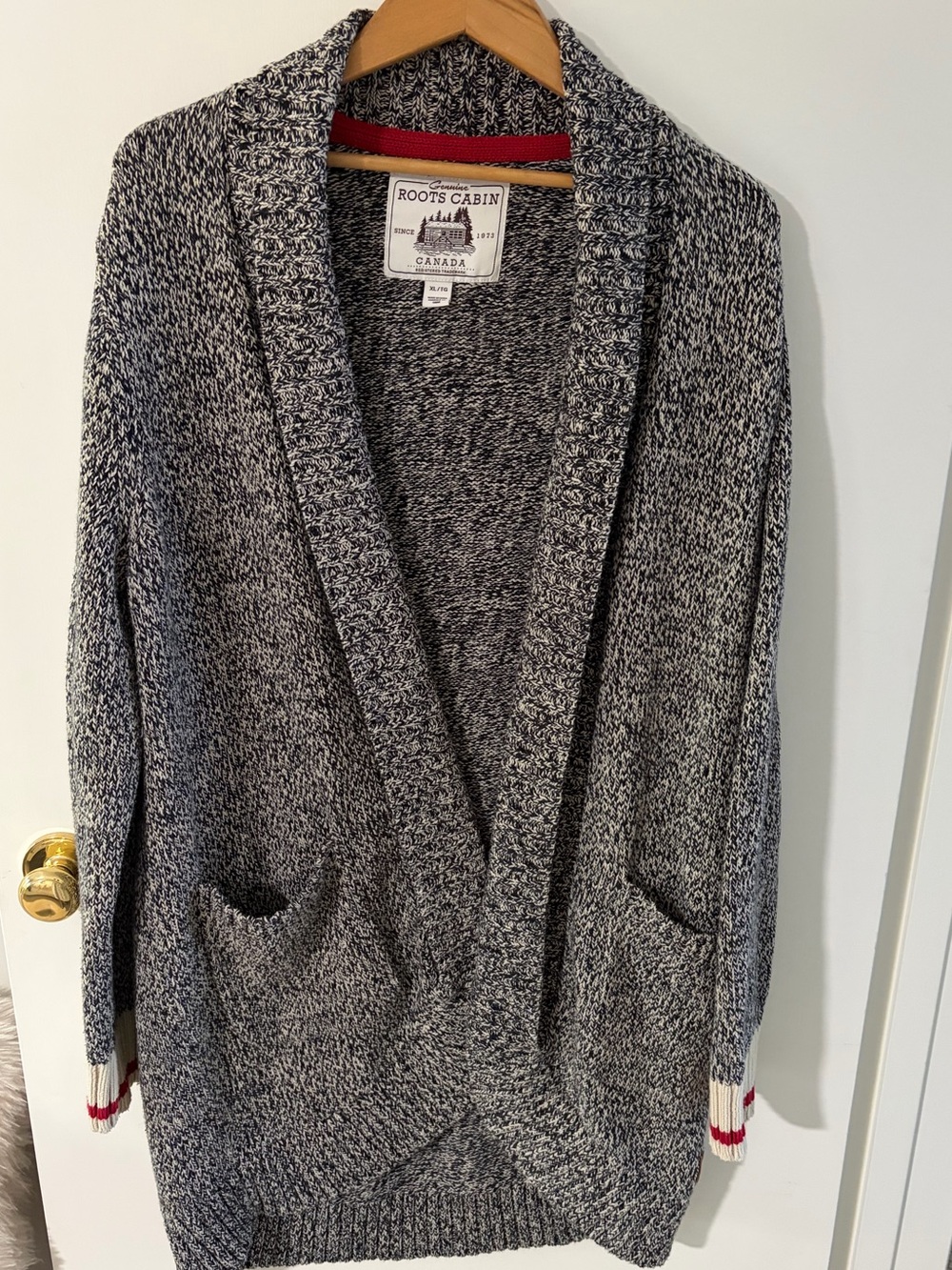 Roots Marled Gray Shawl-Collar Cardigan with Red Cuff Detail